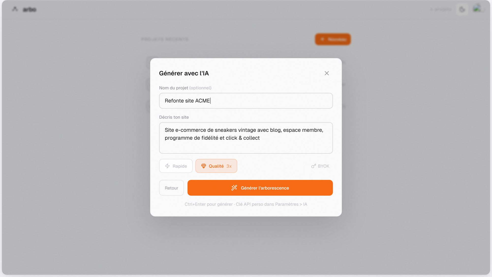 L’écran de génération d’une arborescence dans Arbo, avec la description du site